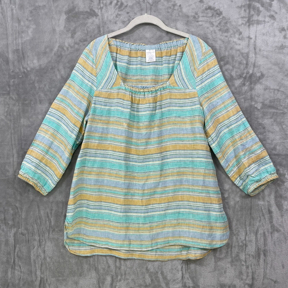 Lands' End 100% Linen Blouse‎ Tunic Top L 14-16 Multicolor Striped Beachy Boho